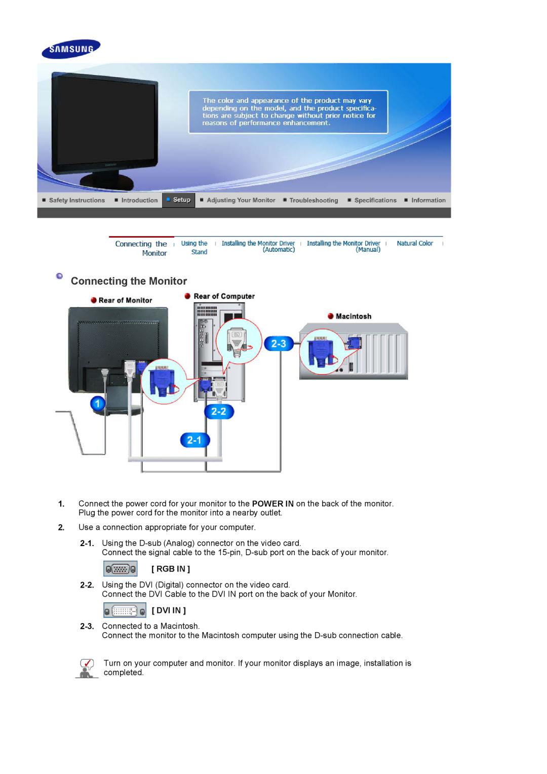 Samsung G19P manual Connecting the Monitor, Rgb, Dvi 