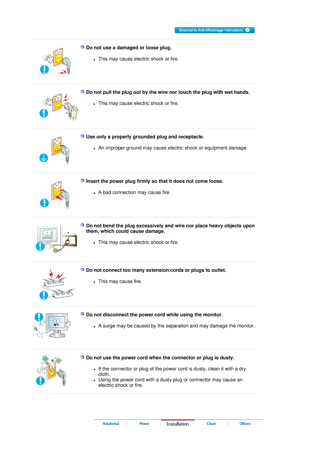 Samsung G19P manual Do not use a damaged or loose plug, Use only a properly grounded plug and receptacle 