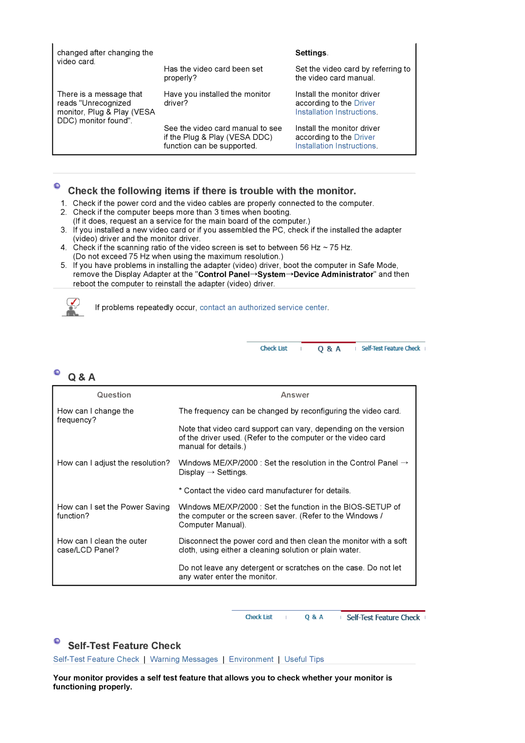 Samsung G19P manual Self-Test Feature Check, Settings, Question, Answer 