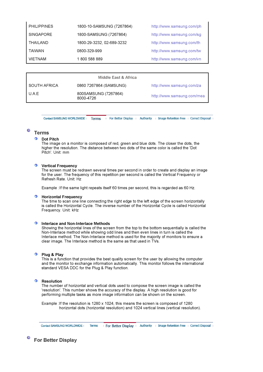 Samsung G19P manual Terms, For Better Display, Middle East & Africa 