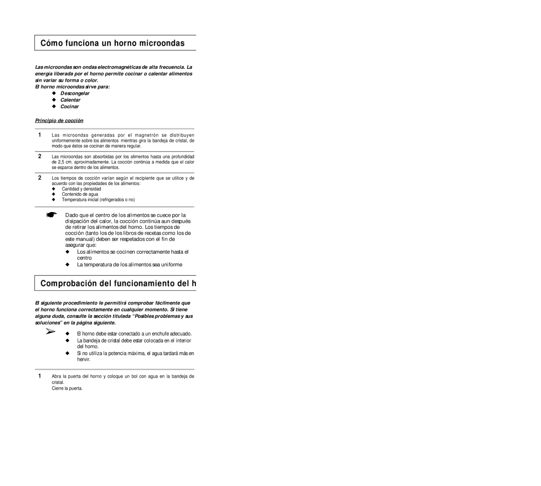 Samsung G2613C/XEC manual Cómo funciona un horno microondas, Comprobación del funcionamiento del h 