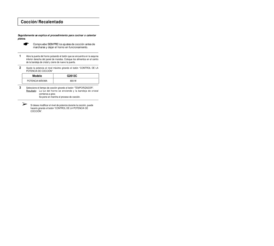 Samsung G2613C/XEC manual Cocción/Recalentado, Modelo G2613C 