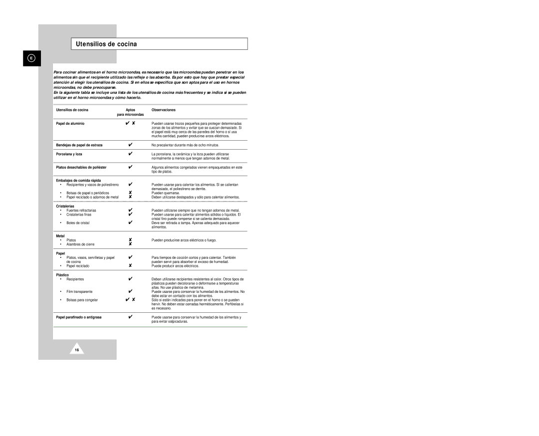 Samsung G2613C/XEC manual Utensilios de cocina, Papel de aluminio 