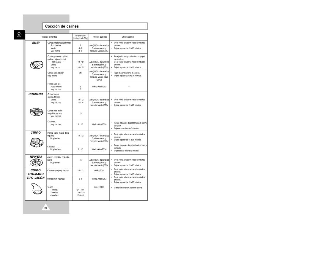 Samsung G2613C/XEC manual Cocción de carnes, Buey 