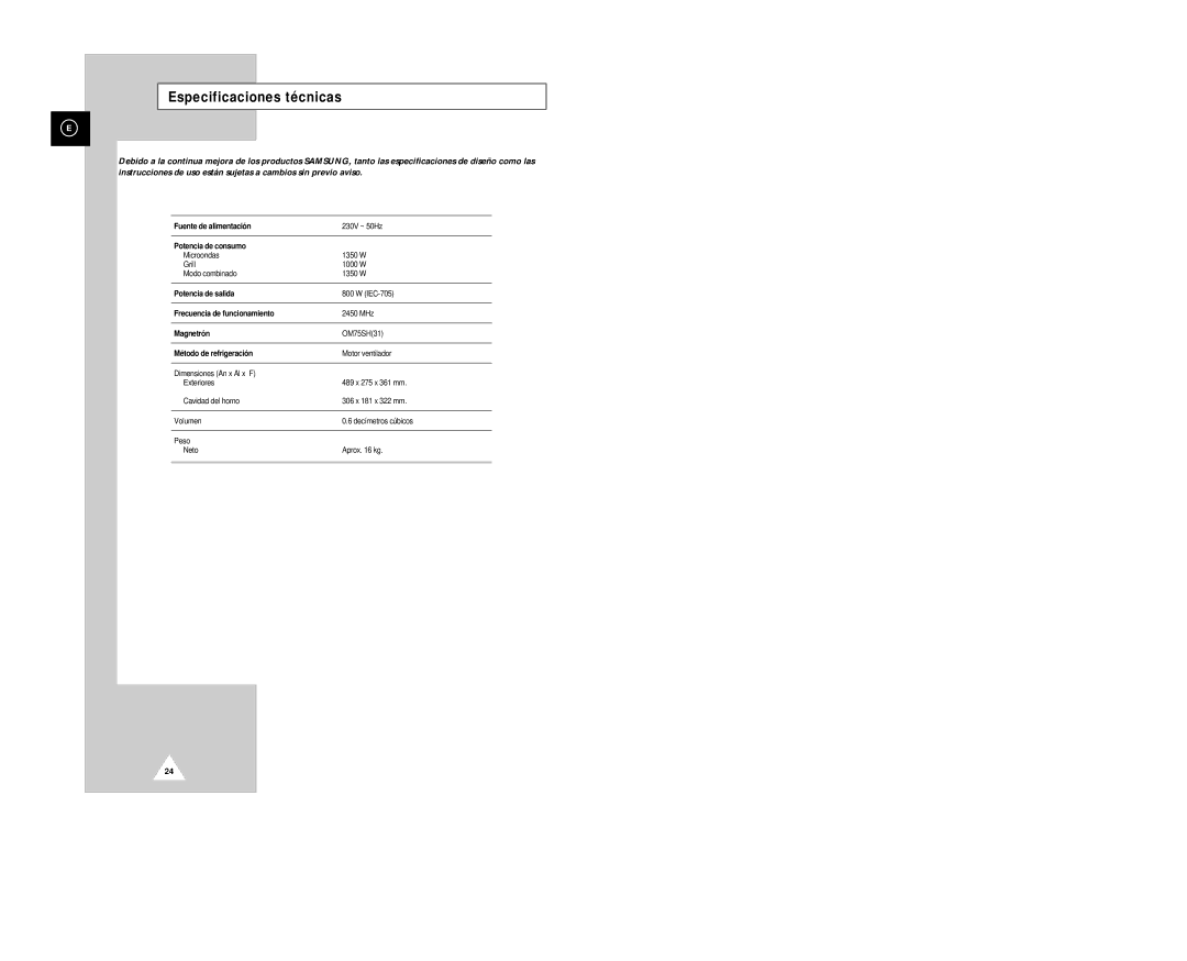 Samsung G2613C/XEC manual Especificaciones técnicas, Método de refrigeració n 