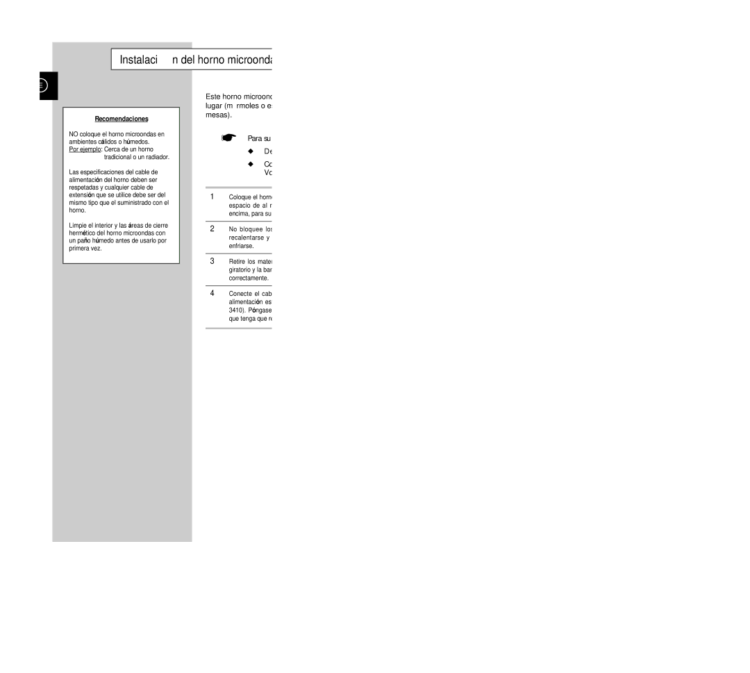 Samsung G2613C/XEC manual Instalación del horno microo, Recomendaciones 