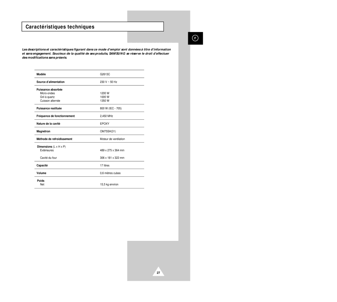 Samsung G2613C-1/XEF, G2613C/XEF manual Caractéristiques techniques 