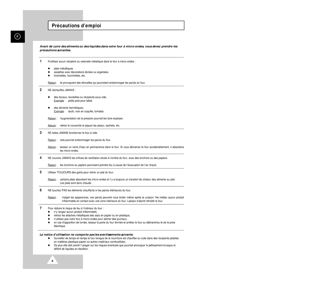 Samsung G2613C/XEF, G2613C-1/XEF manual Précautions d’emploi 