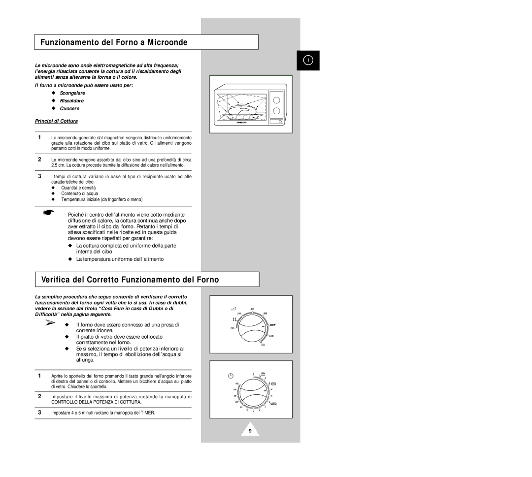 Samsung G2618C manual Funzionamento del Forno a Microonde, Verifica del Corretto Funzionamento del Forno 