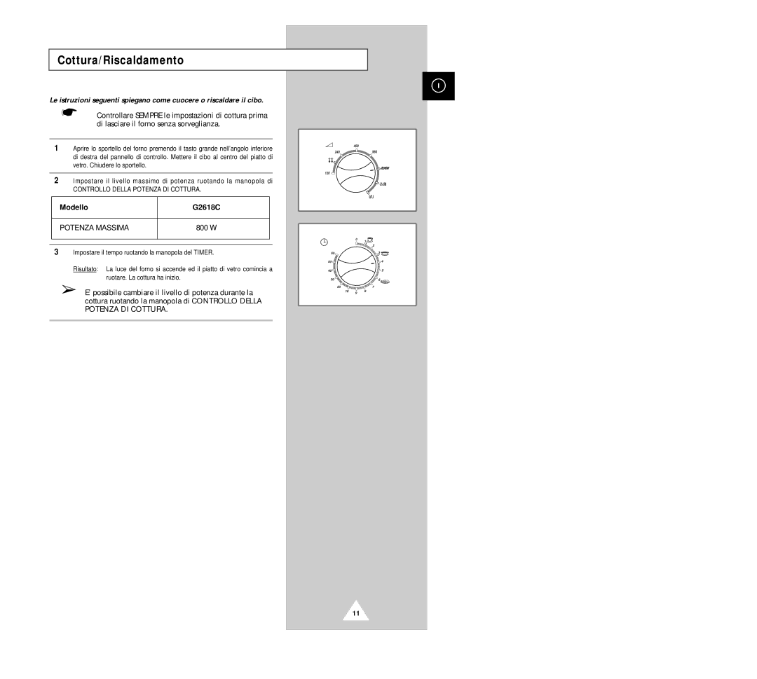 Samsung manual Cottura/Riscaldamento, Modello G2618C 