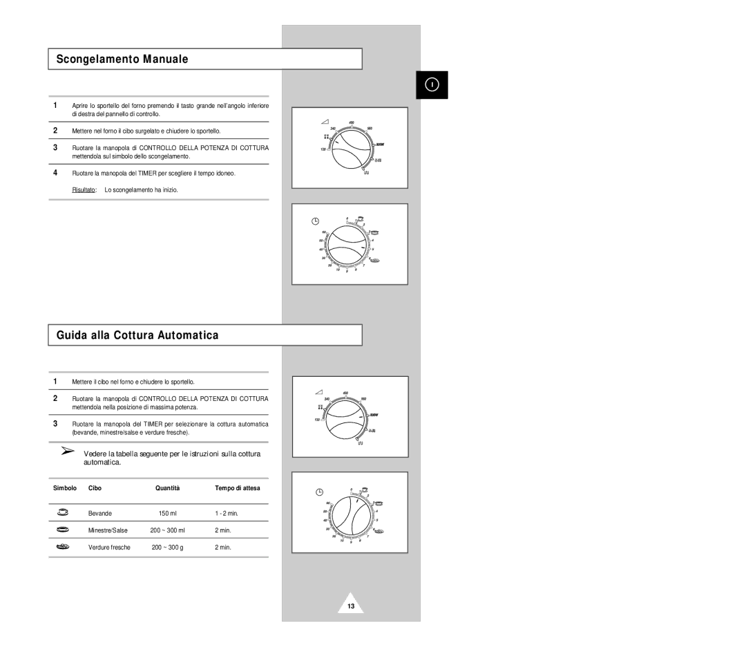 Samsung G2618C manual Scongelamento Manuale, Guida alla Cottura Automatica, Simbolo Cibo 