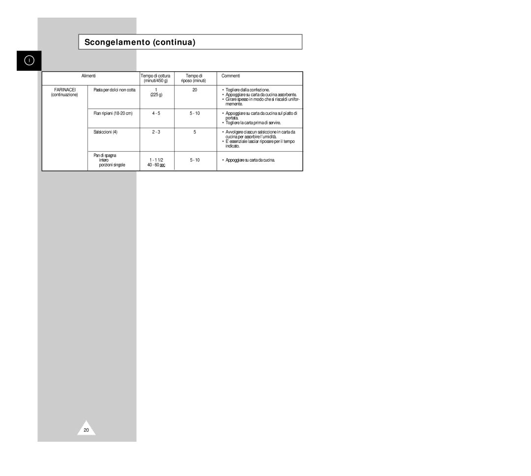 Samsung G2618C manual Scongelamento continua, Togliere dalla confezione 