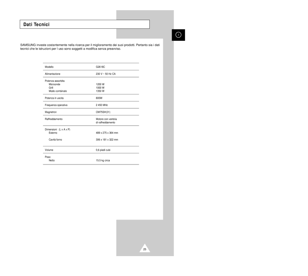 Samsung G2618C manual Dati Tecnici 