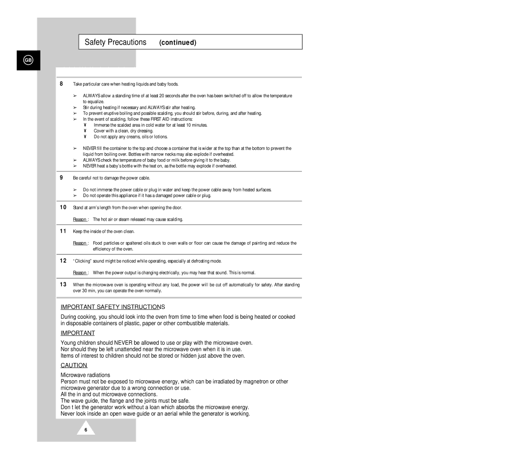 Samsung G2618C manual Important Safety Instructions 