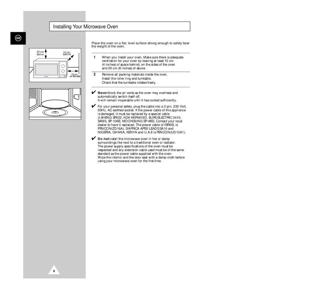 Samsung G2618C manual Installing Your Microwave Oven 