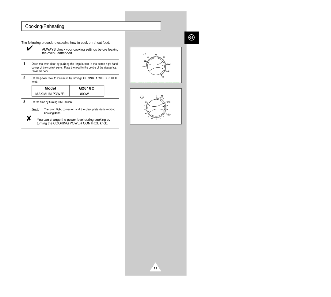 Samsung G2618C manual Cooking/Reheating, 800W 