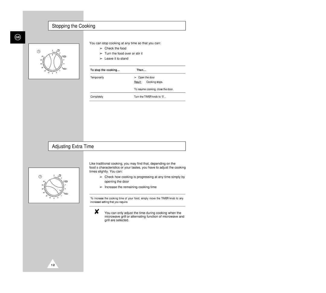 Samsung G2618C manual Stopping the Cooking, Adjusting Extra Time, To stop the cooking Then 