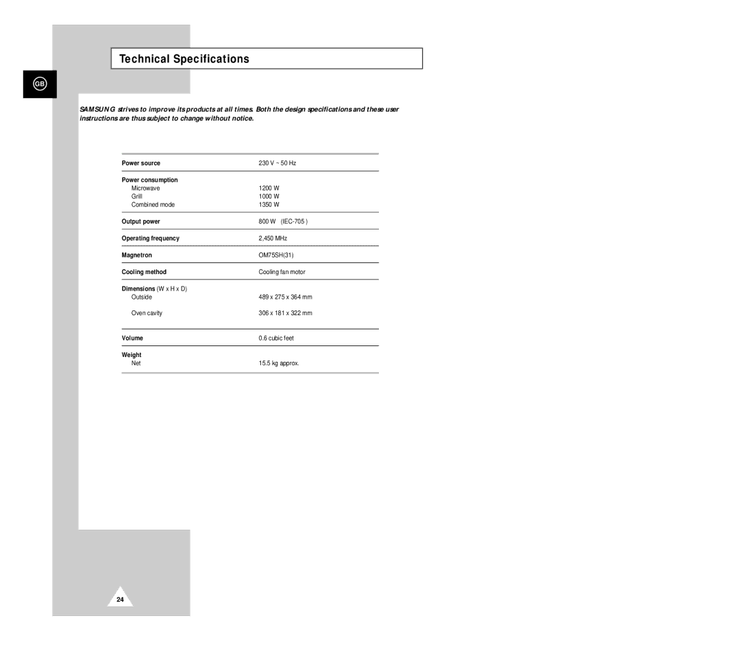 Samsung G2618C manual Technical Specifications 