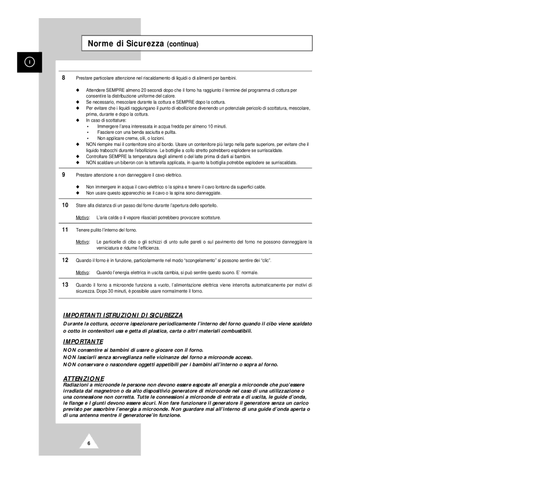 Samsung G2618C manual Norme di Sicurezza continua, Importanti Istruzioni DI Sicurezza 