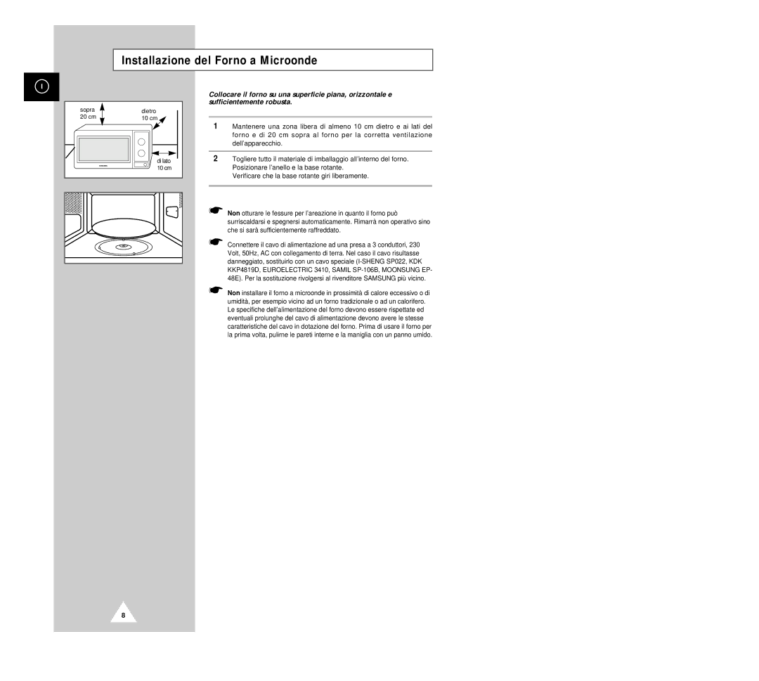 Samsung G2618C manual Installazione del Forno a Microonde 