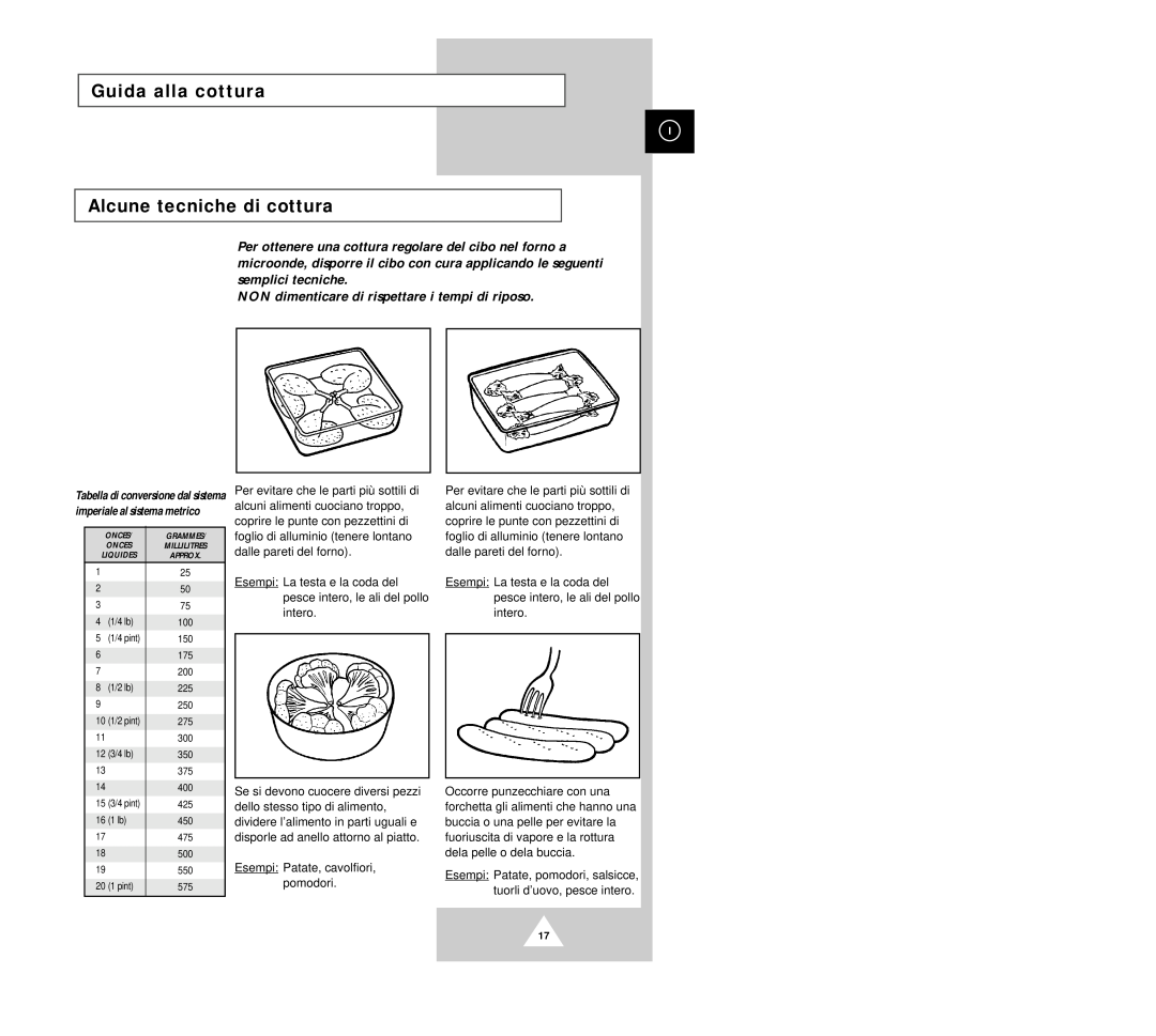 Samsung G2618C manual Guida alla cottura, Alcune tecniche di cottura, NON dimenticare di rispettare i tempi di riposo 