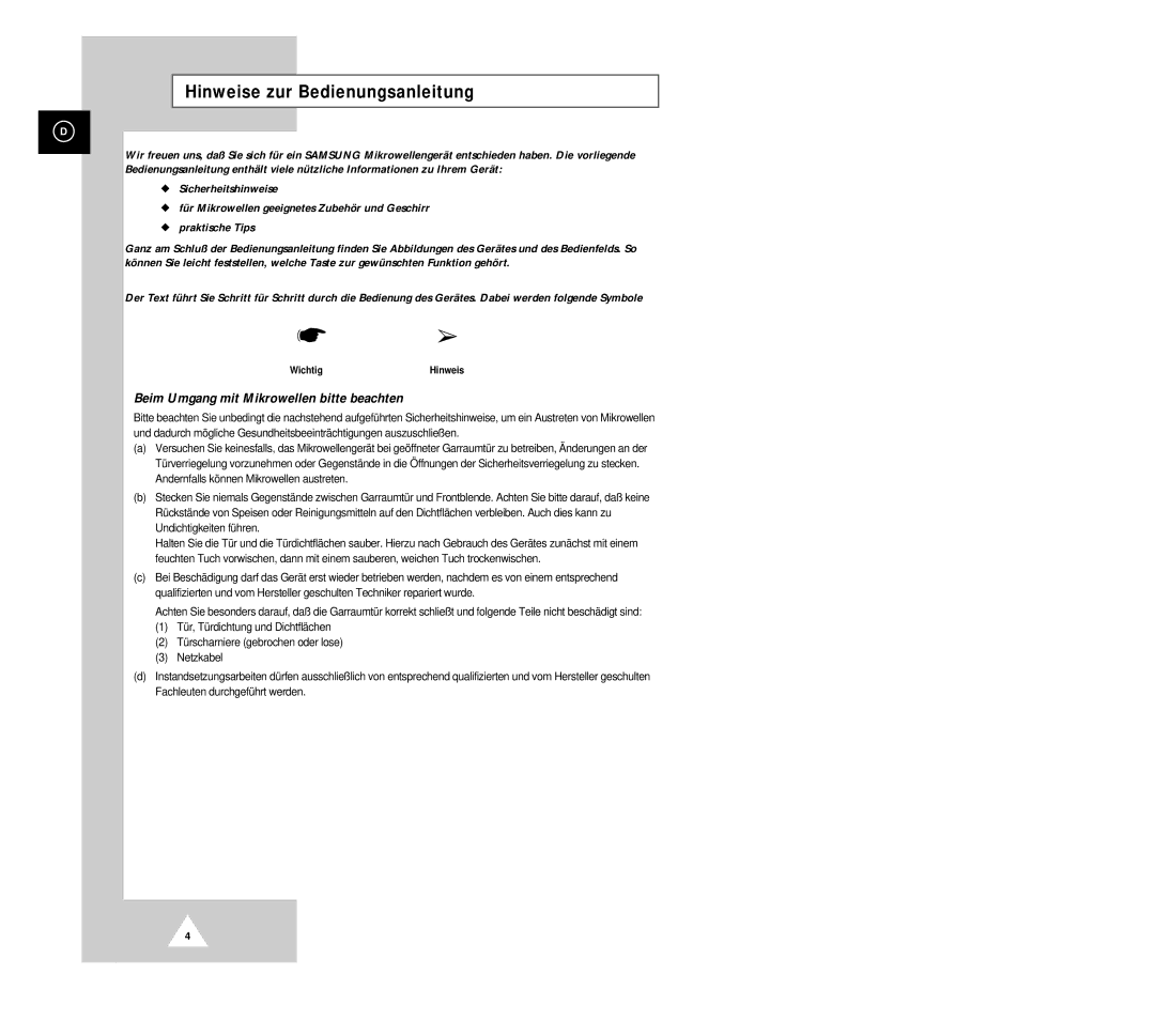 Samsung G2618C-U/XEG, G2618C/XEG manual Hinweise zur Bedienungsanleitung, Wichtig 