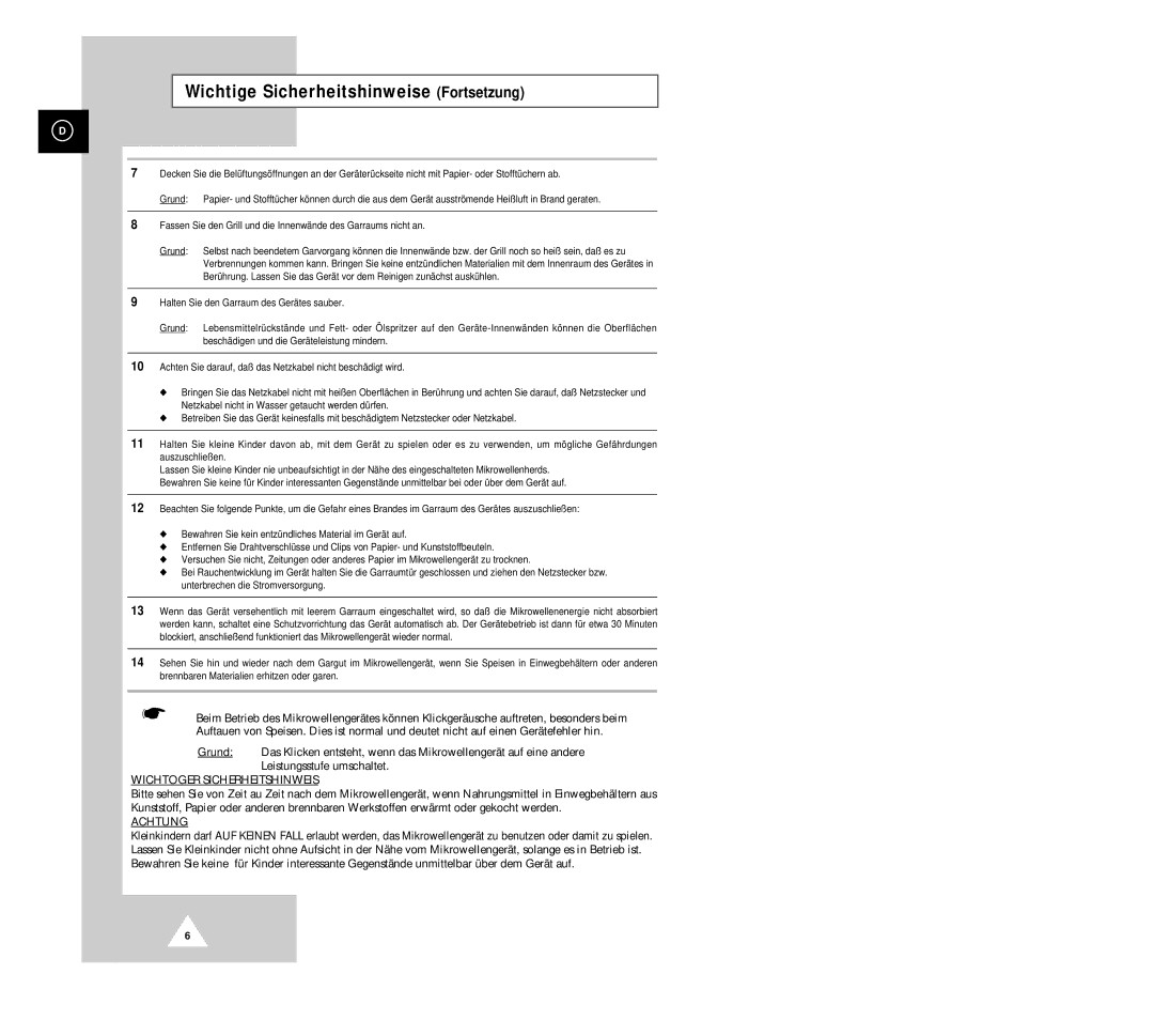 Samsung G2618C-U/XEG, G2618C/XEG manual Wichtige Sicherheitshinweise Fortsetzung, Wichtoger Sicherheitshinweis 