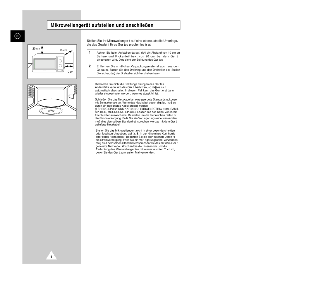 Samsung G2618C-U/XEG, G2618C/XEG manual Mikrowellengerät aufstellen und anschließen, 20 cm 10 cm 