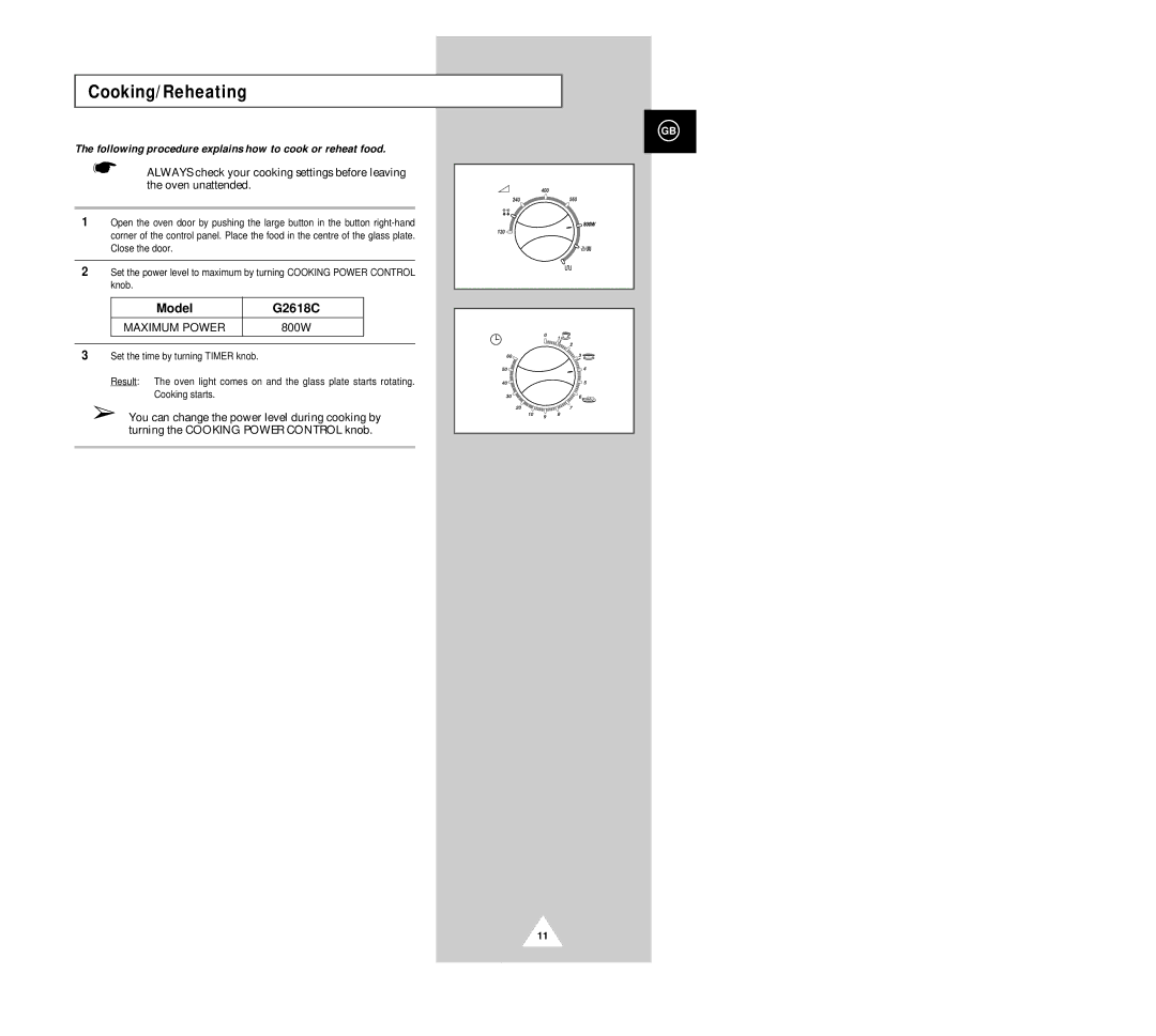 Samsung G2618C/XEG, G2618C-U/XEG manual Cooking/Reheating, Following procedure explains how to cook or reheat food 