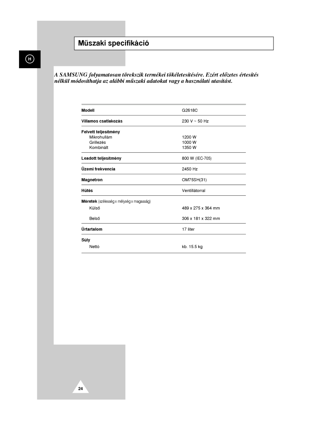 Samsung G2618C/XEH manual Mõszaki specifik‡ci, HõtŽs 