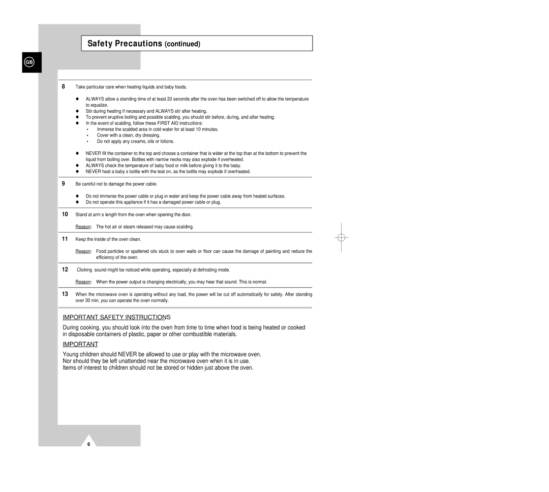 Samsung G2618C/XEH manual Important Safety Instructions 