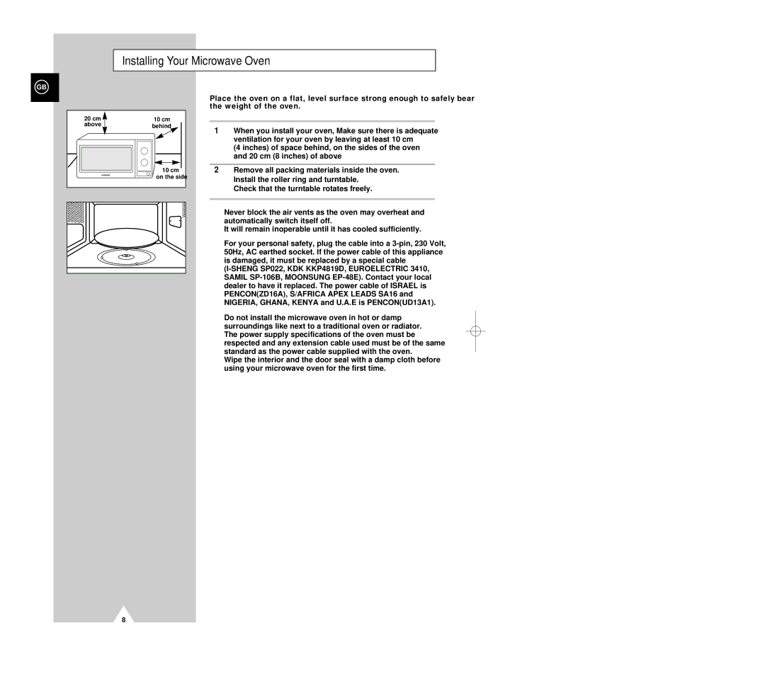 Samsung G2618C/XEH manual Installing Your Microwave Oven 