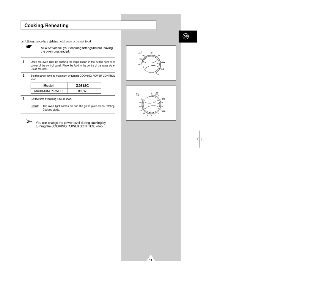 Samsung G2618C/XEH manual Cooking/Reheating, Following procedure explains how to cook or reheat food 