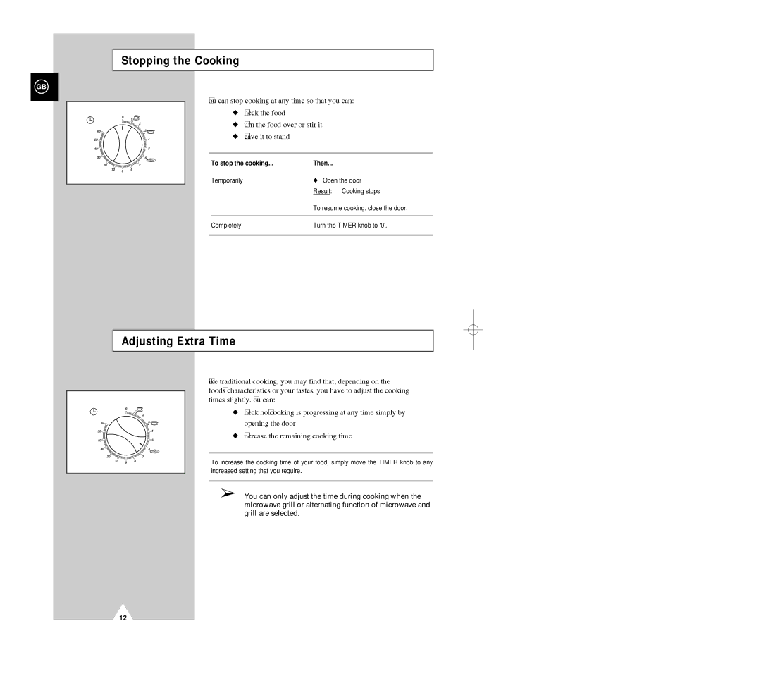 Samsung G2618C/XEH manual Stopping the Cooking, Adjusting Extra Time 