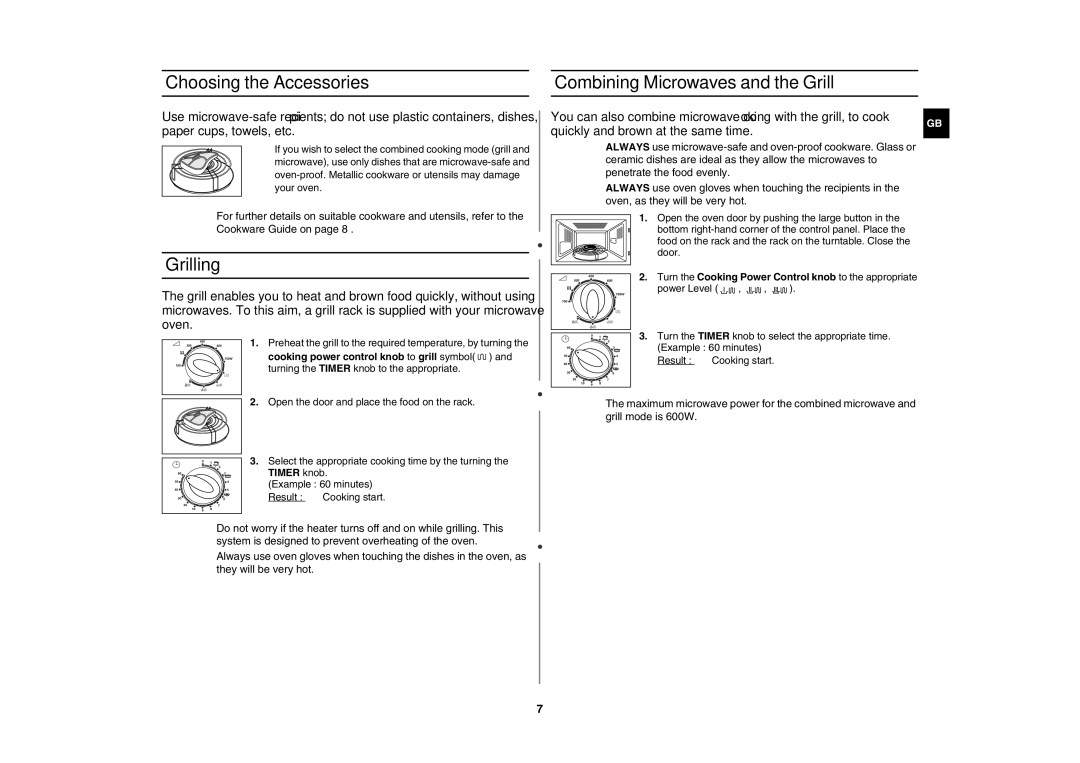 Samsung G2711N technical specifications Choosing the Accessories Combining Microwaves and the Grill, Grilling 