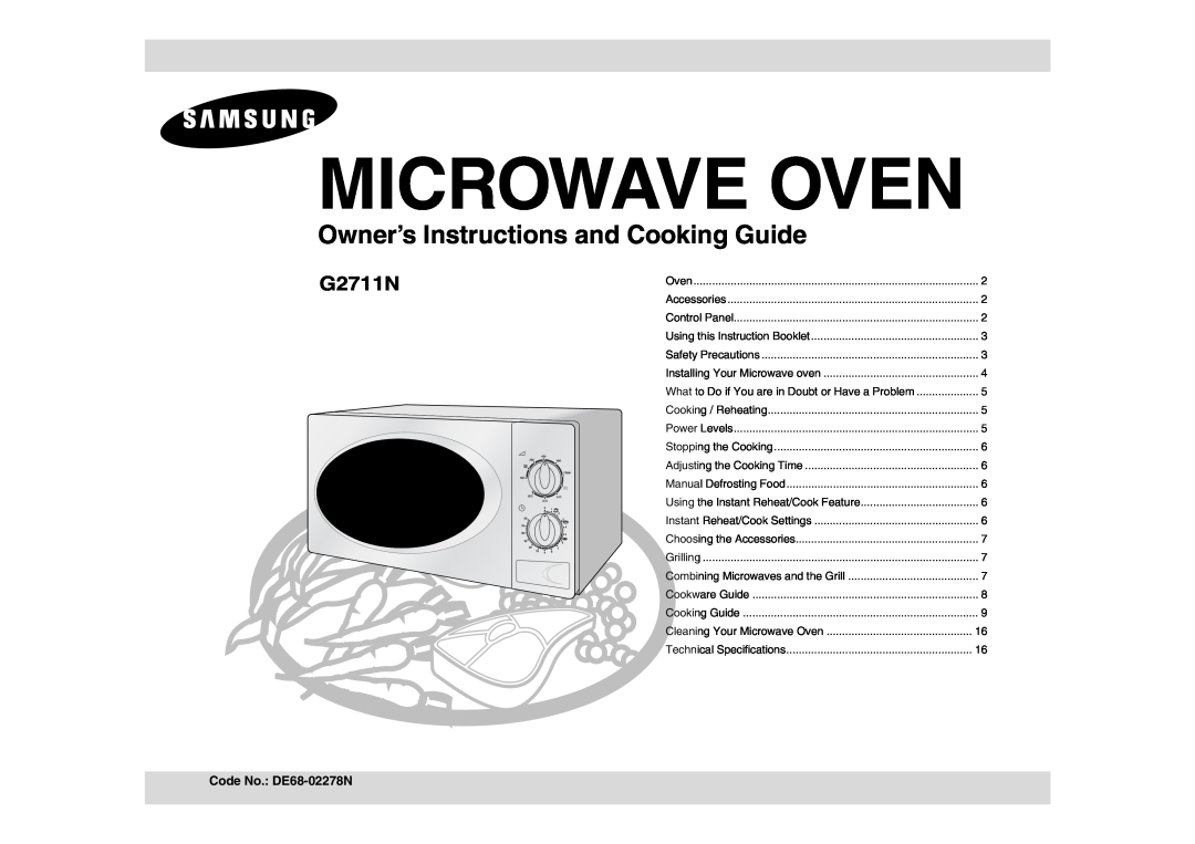 Samsung G2711N technical specifications Microwave Oven, Owner’s Instructions and Cooking Guide, Code No. DE68-02278N 