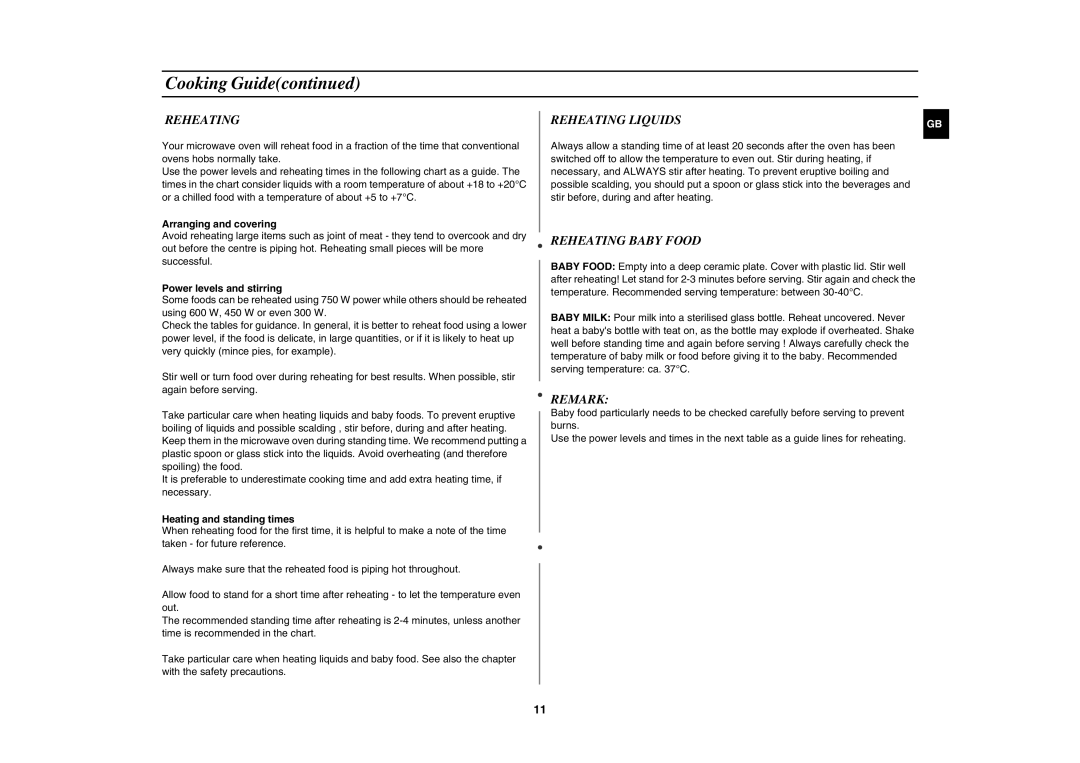 Samsung G2711N/BOL manual Reheating Baby Food, Remark 