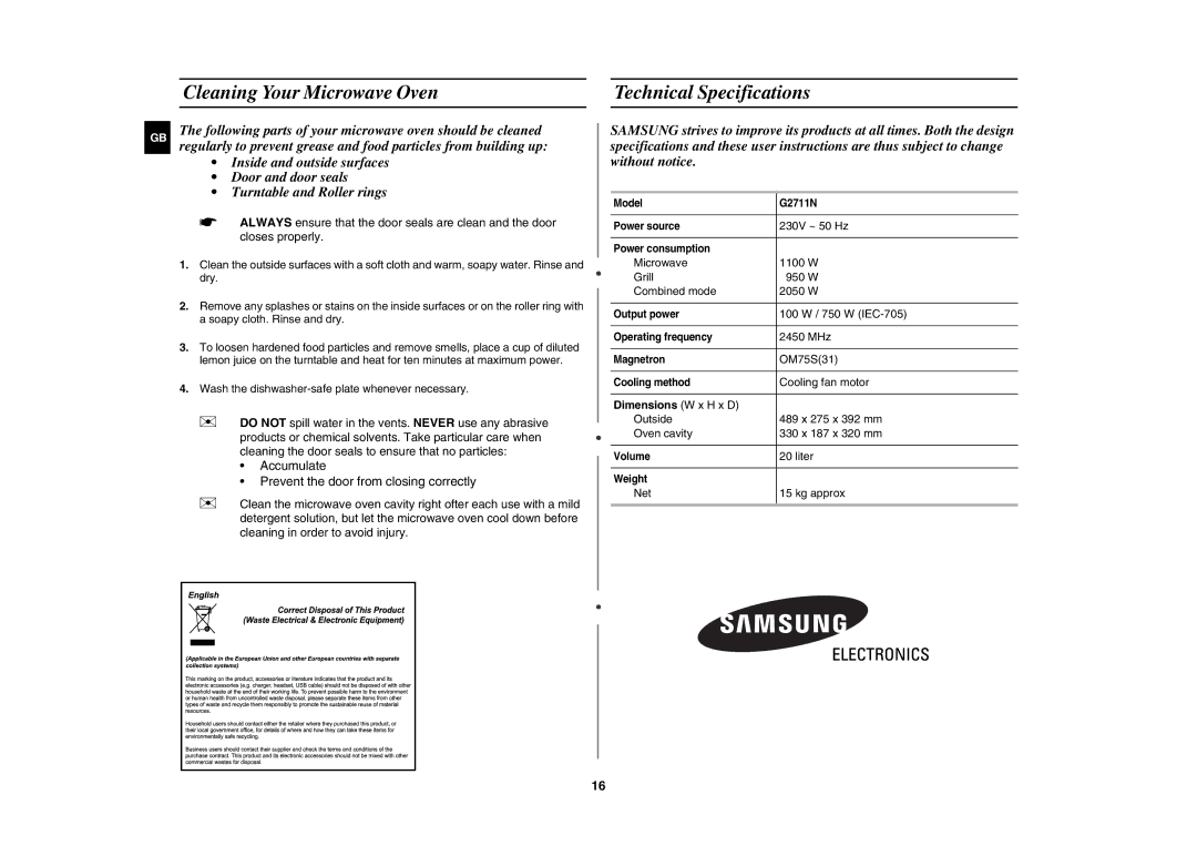 Samsung G2711N/BOL manual Cleaning Your Microwave Oven Technical Specifications, Dimensions W x H x D 