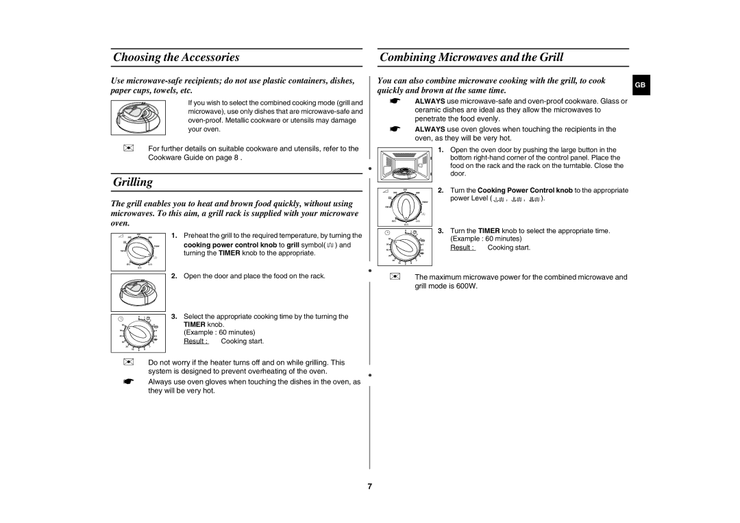 Samsung G2711N/BOL manual Choosing the Accessories Combining Microwaves and the Grill, Grilling 