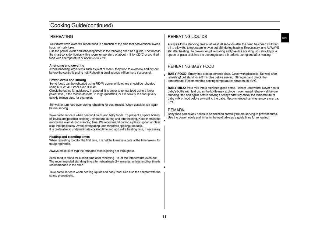 Samsung G2711N-S/XEH, G2711N/XEH manual Reheating Baby Food, Remark 