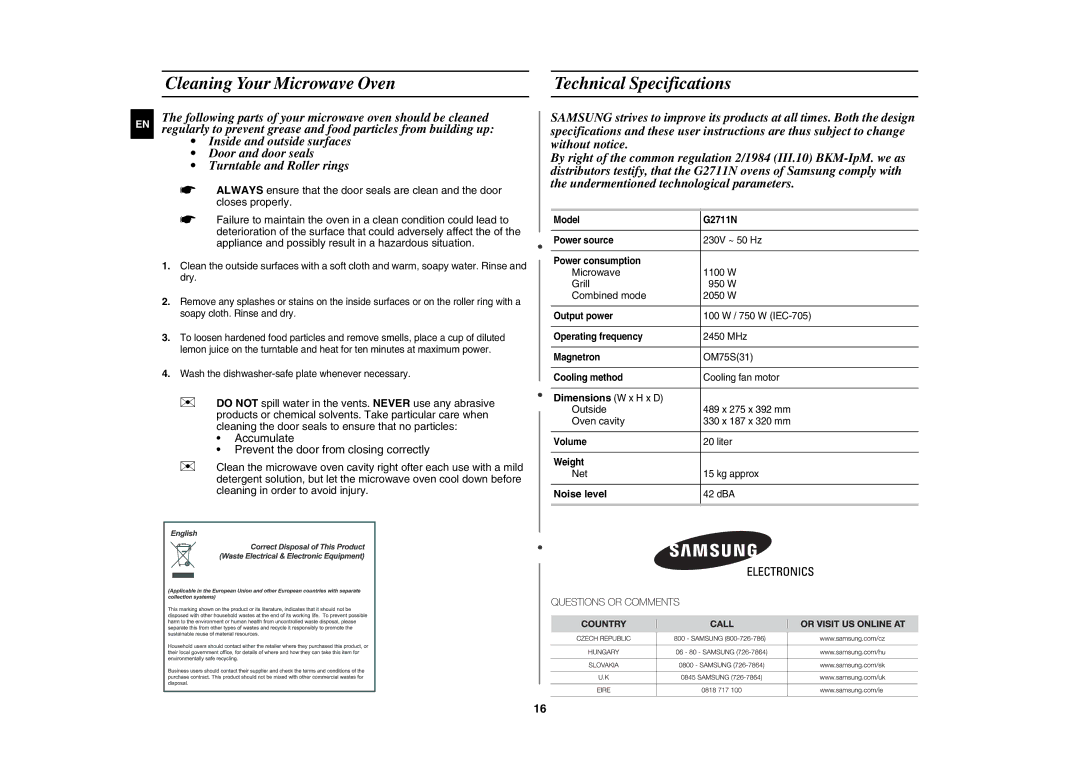 Samsung G2711N/XEH, G2711N-S/XEH Cleaning Your Microwave Oven Technical Specifications, Dimensions W x H x D, Noise level 