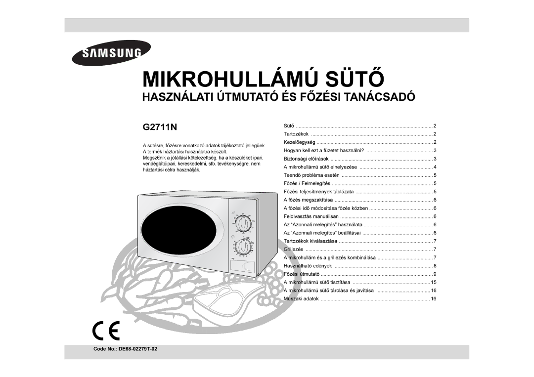 Samsung G2711N-S/XEH, G2711N/XEH manual Mikrohullámú Sütő, Code No. DE68-02279T-02 