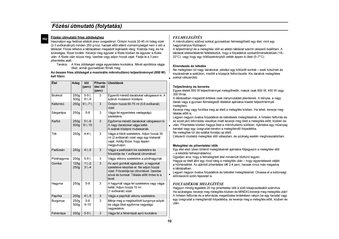 Samsung G2711N/XEH, G2711N-S/XEH manual Főzési útmutató folytatás, Felmelegítés, Folyadékok Melegítése 