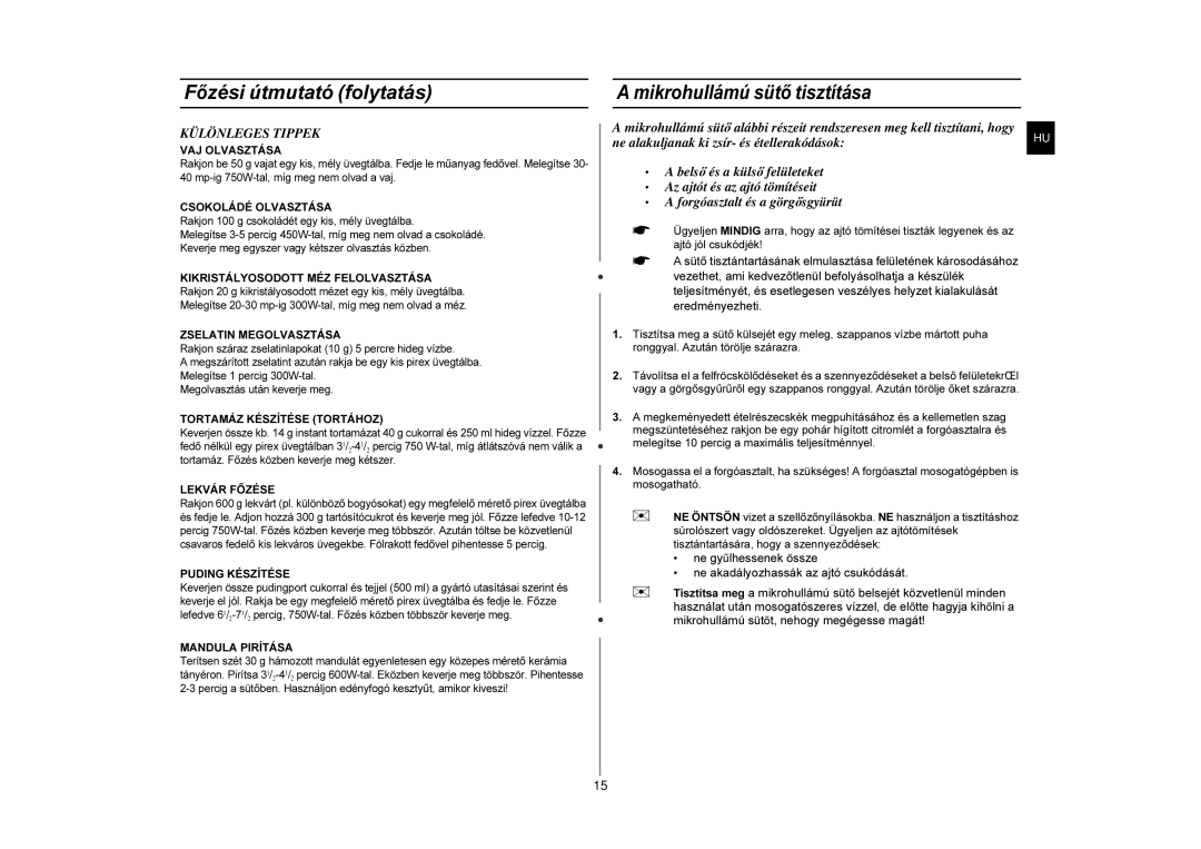 Samsung G2711N-S/XEH, G2711N/XEH manual Mikrohullámú sütő tisztítása, Különleges Tippek 