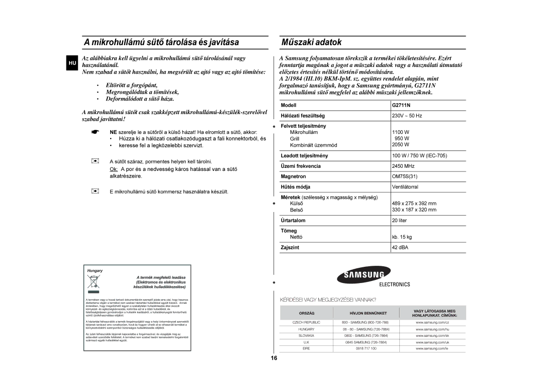 Samsung G2711N/XEH, G2711N-S/XEH manual Mikrohullámú sütő tárolása és javítása, Műszaki adatok 