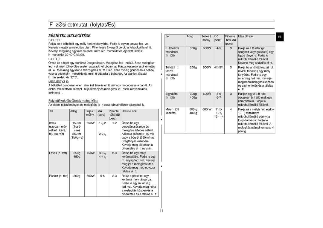 Samsung G2711N-S/XEH, G2711N/XEH manual Bébiétel Melegítése, Bébitej, Megjegyzés, Folyadékok és ételek melegítése 