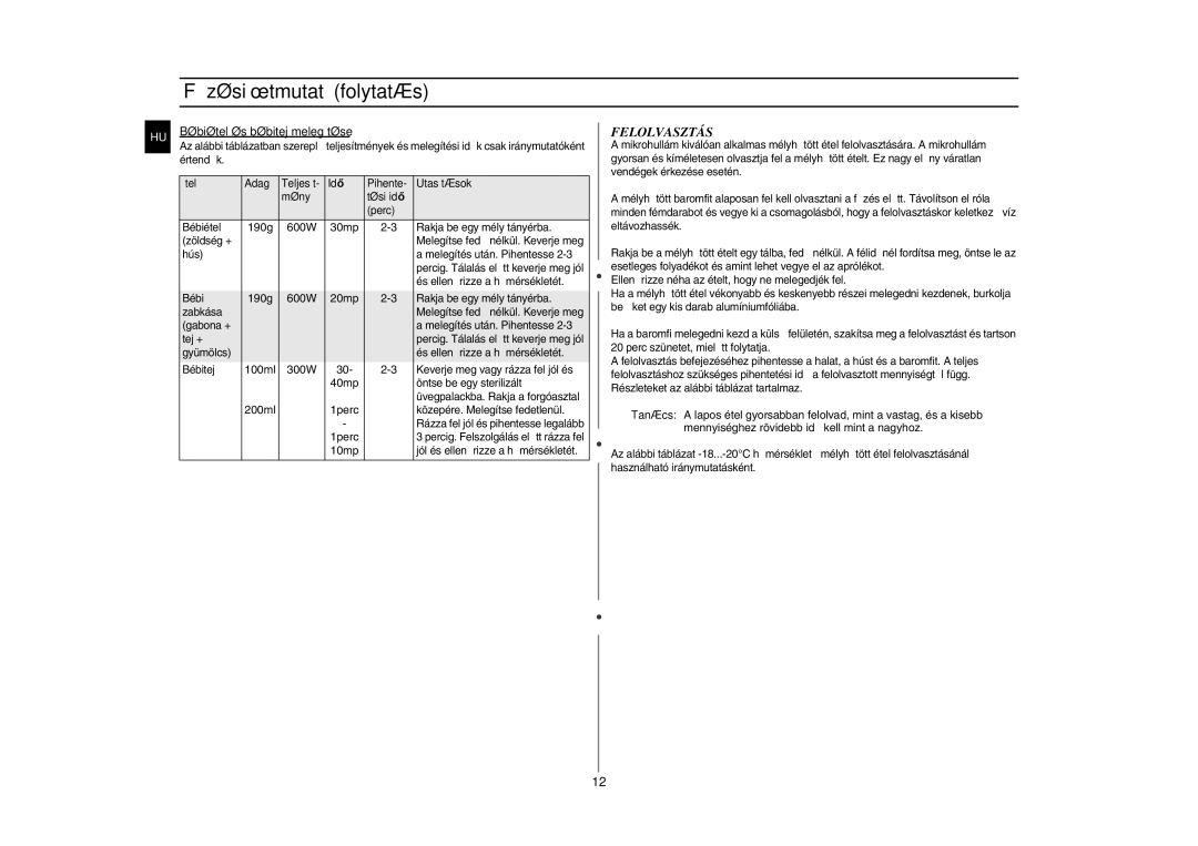 Samsung G2711N/XEH, G2711N-S/XEH manual Felolvasztás, Bébiétel és bébitej melegítése 