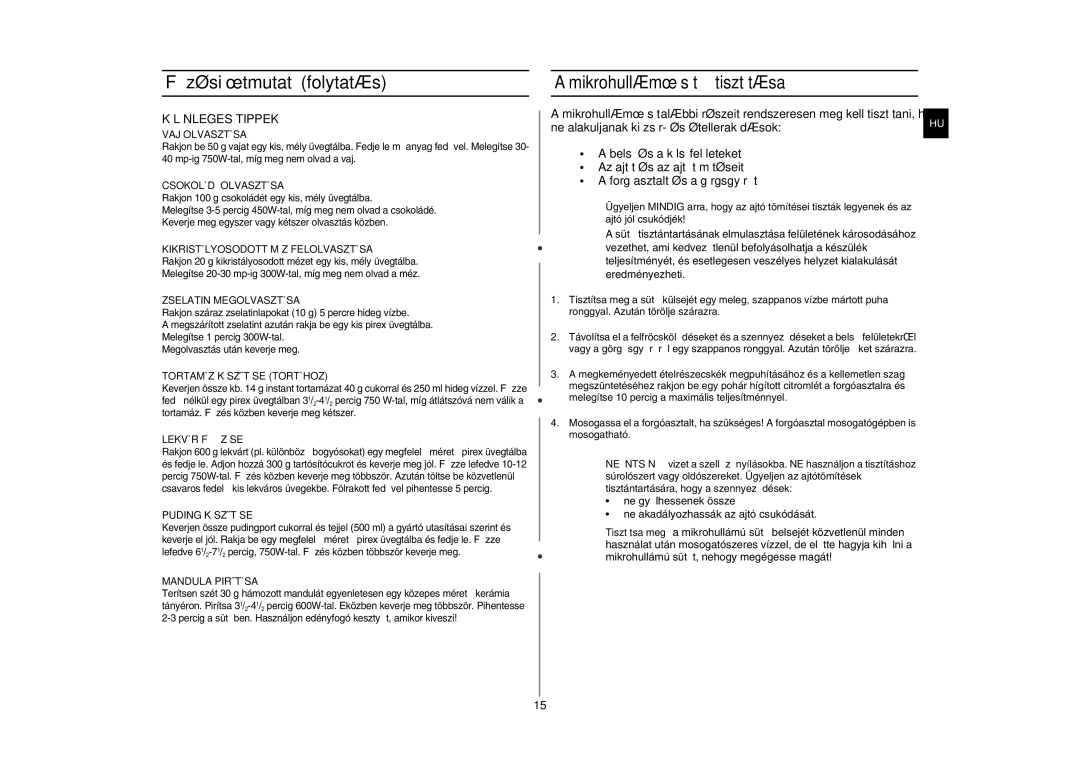 Samsung G2711N-S/XEH, G2711N/XEH manual Mikrohullámú sütő tisztítása, Különleges Tippek 