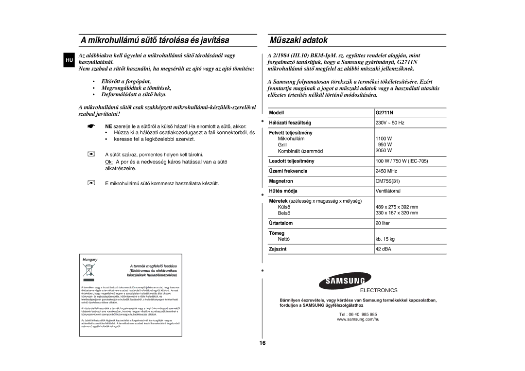 Samsung G2711N/XEH, G2711N-S/XEH manual Mikrohullámú sütő tárolása és javítása, Műszaki adatok 