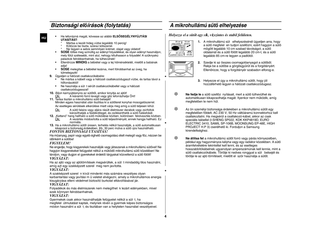 Samsung G2711N/XEH Biztonsági előírások folytatás, Mikrohullámú sütő elhelyezése, Fontos Biztonsági Utasítás, Figyelem 